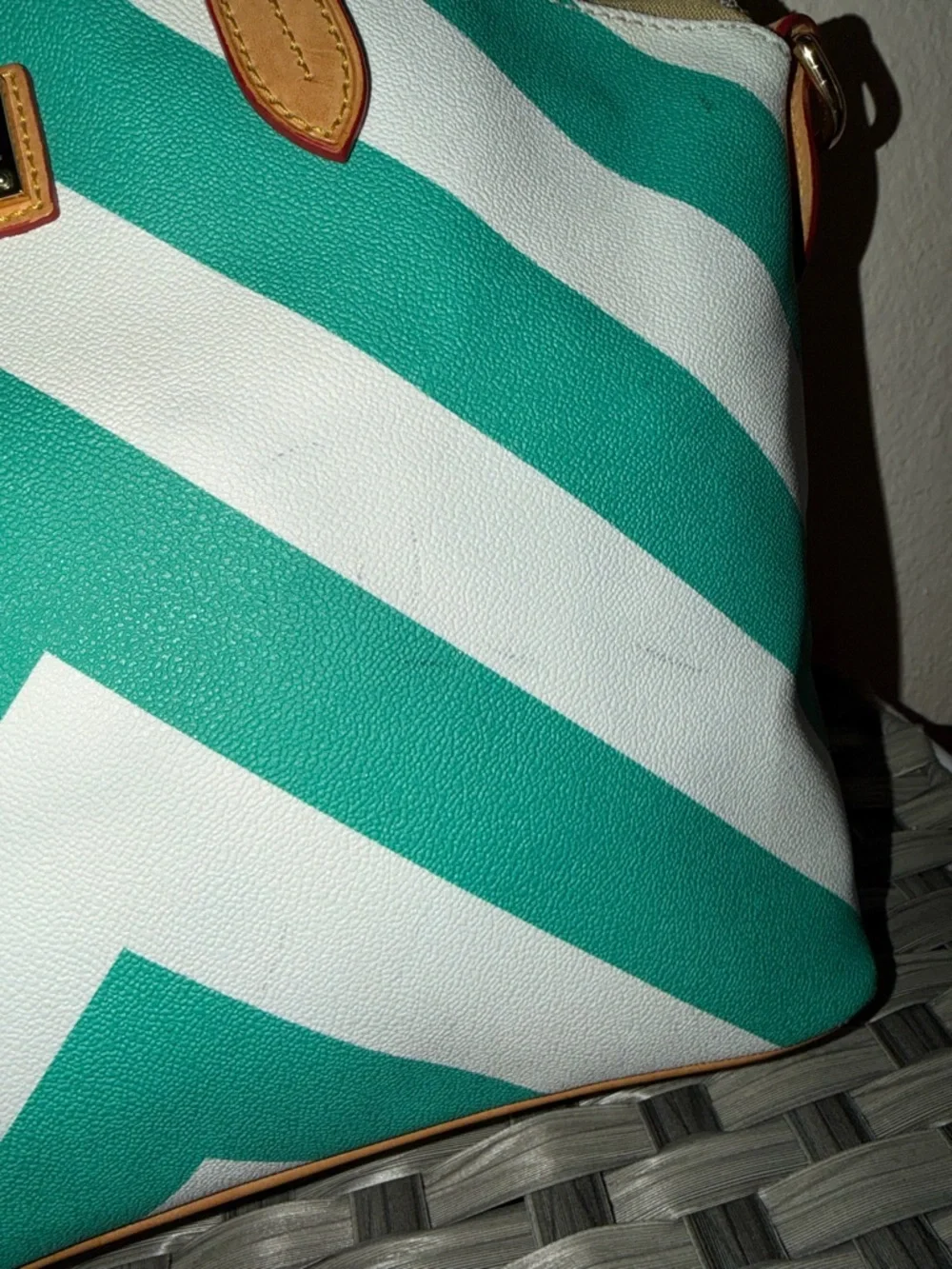 Dooney & Bourke Olivia Chevron Satchel Teal & White Stripes - Leather Top Handle - Picture 13 of 15
